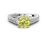 White gold Fancy Yellow Cushion Cut Cut Pave Band Milgrain Solitaire Ring