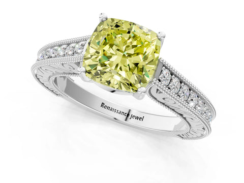 White gold Fancy Yellow Cushion Cut Cut Pave Band Milgrain Solitaire Ring_1