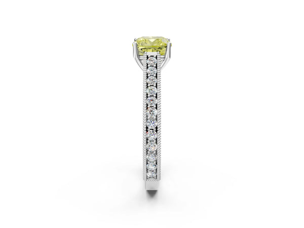 Platinum Cushion Cut Vintage Pave Engagement Ring Setting for Fancy Yellow Center