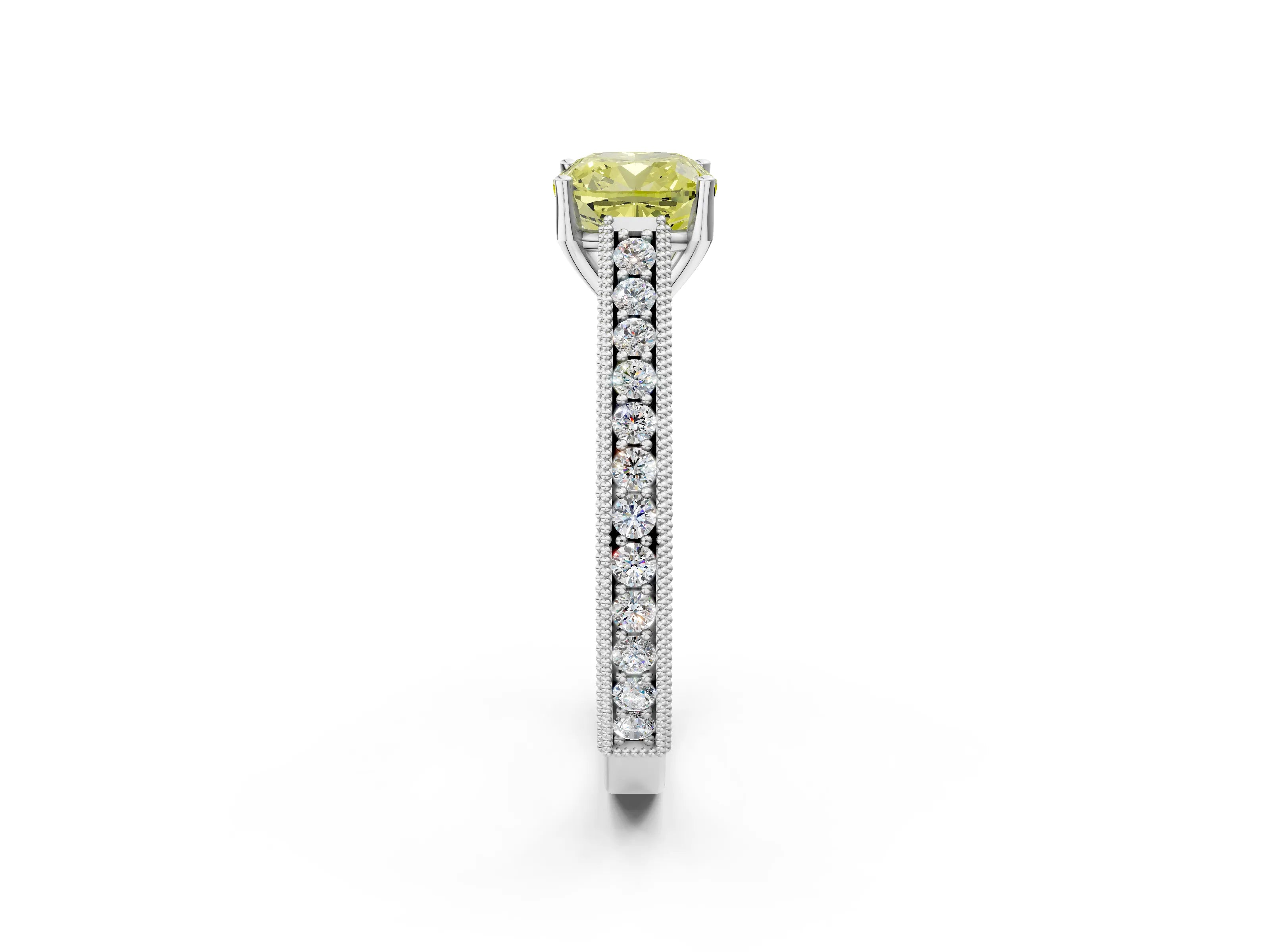 White gold Fancy Yellow Cushion Cut Cut Pave Band Milgrain Solitaire Ring_2