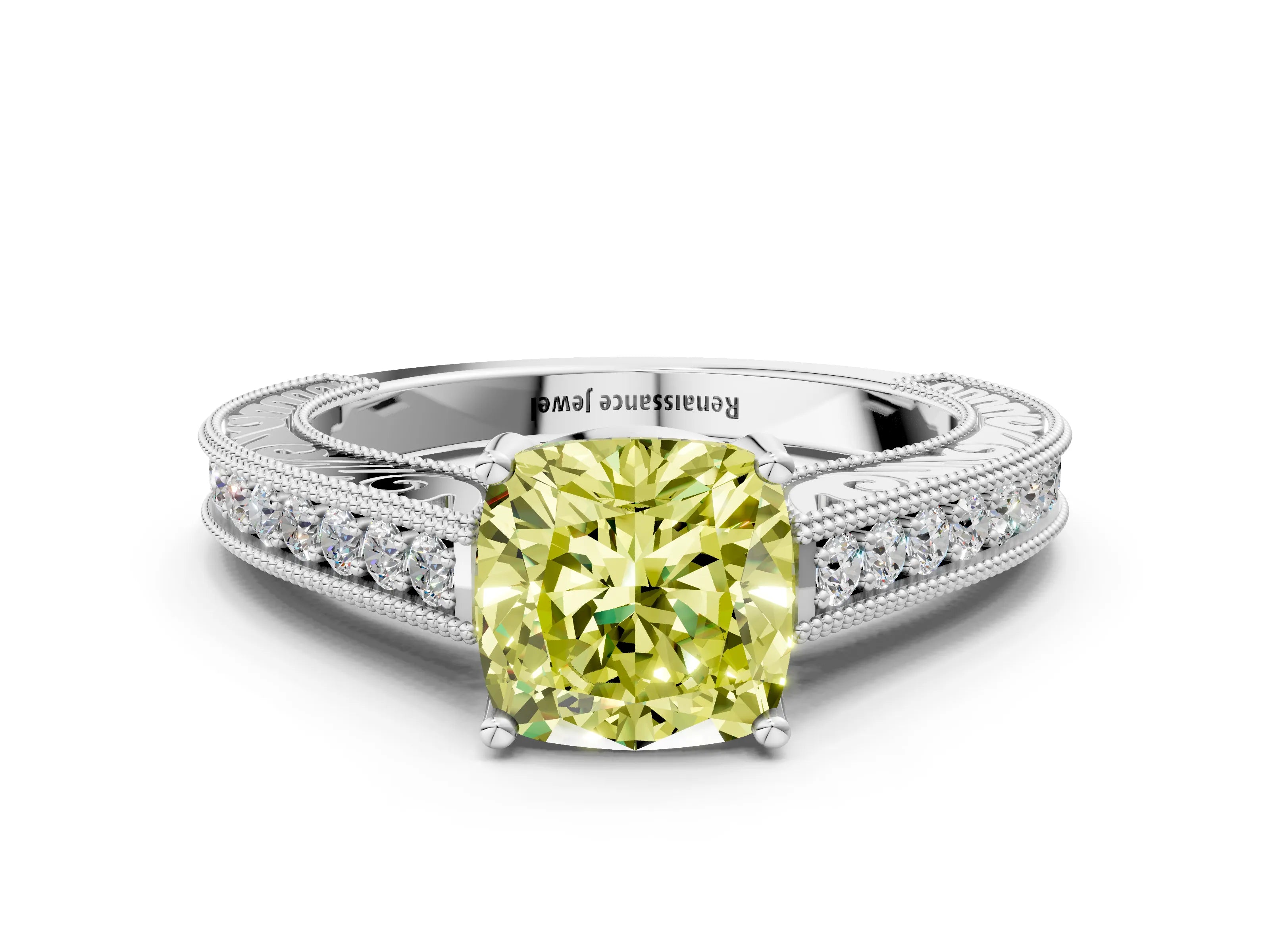 White gold Fancy Yellow Cushion Cut Cut Pave Band Milgrain Solitaire Ring