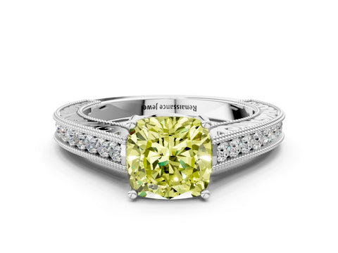White gold Fancy Yellow Cushion Cut Cut Pave Band Milgrain Solitaire Ring
