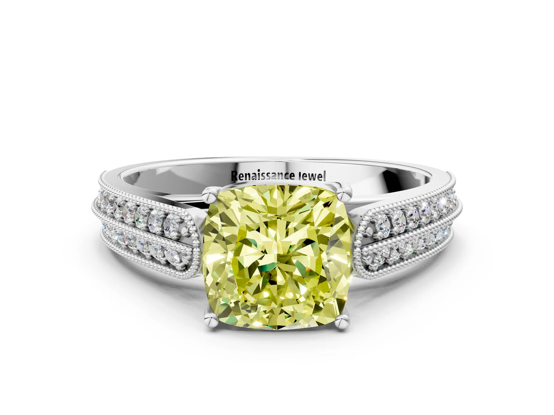 White gold Fancy Yellow Cushion Cut Cut Pave Split Shank Engagement Ring with Four-Prong Setting_12