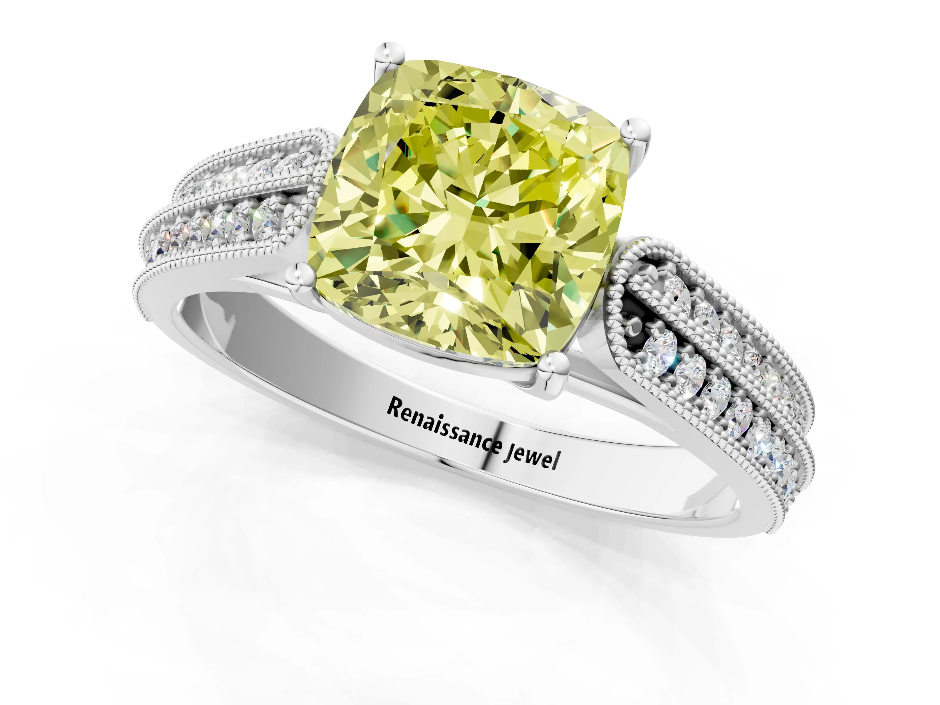 White gold Fancy Yellow Cushion Cut Cut Pave Split Shank Engagement Ring with Four-Prong Setting_13