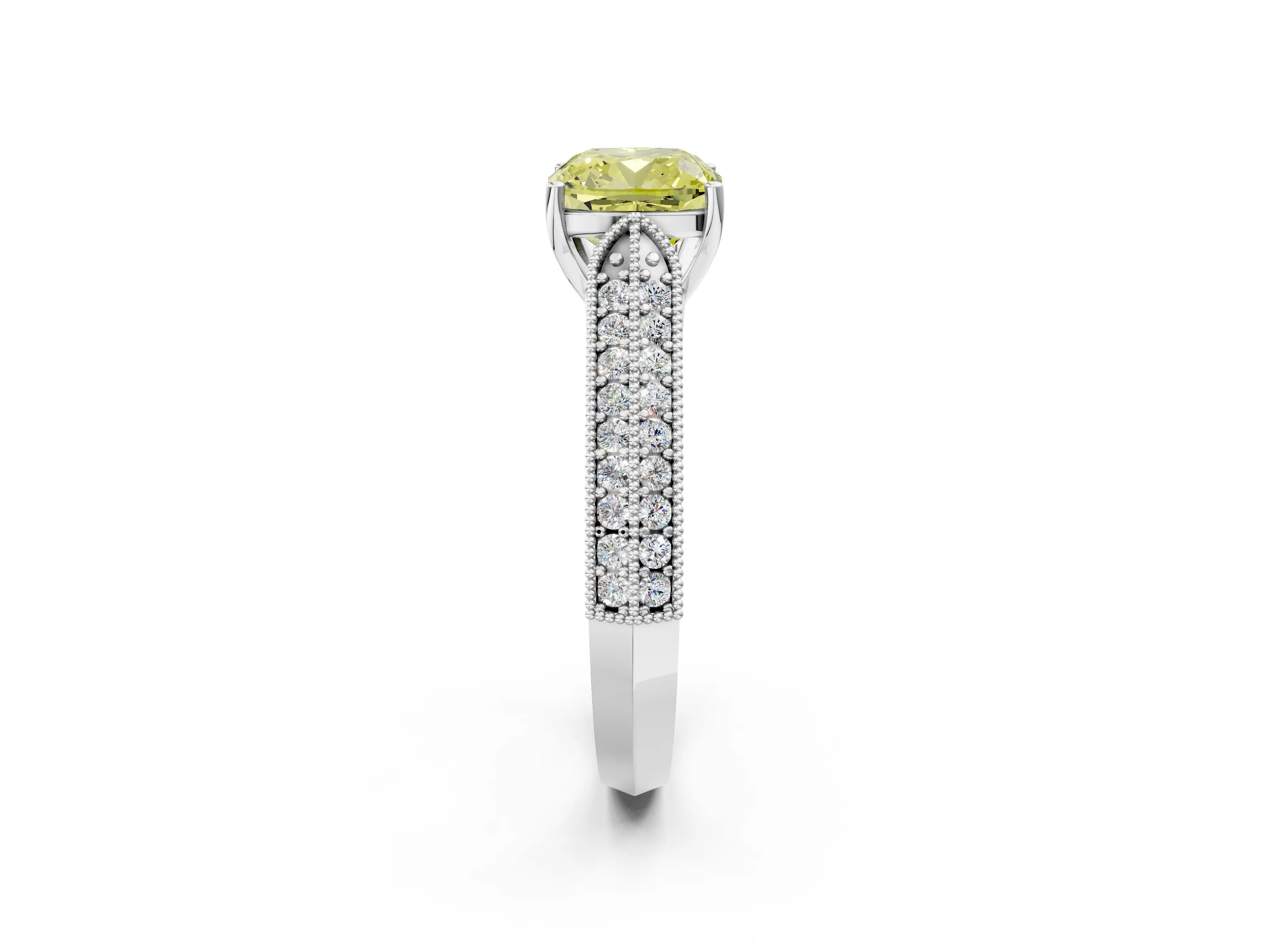 White gold Fancy Yellow Cushion Cut Cut Pave Split Shank Engagement Ring with Four-Prong Setting_14