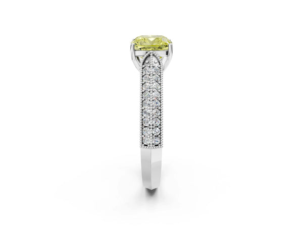 Platinum Fancy Yellow Cushion Cut Cut Pave Split Shank Engagement Ring with Four-Prong Setting