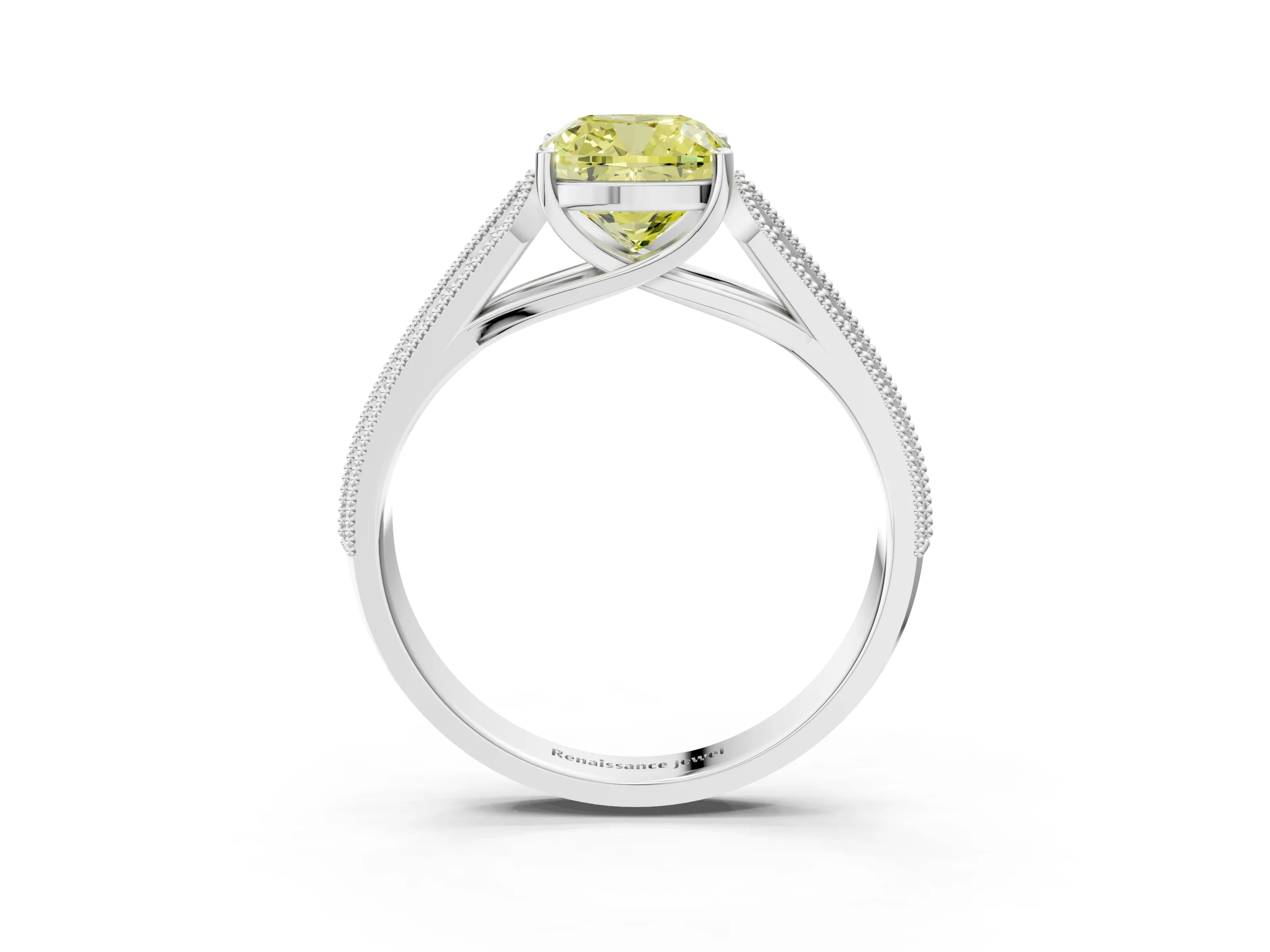 White gold Fancy Yellow Cushion Cut Cut Pave Split Shank Engagement Ring with Four-Prong Setting_15