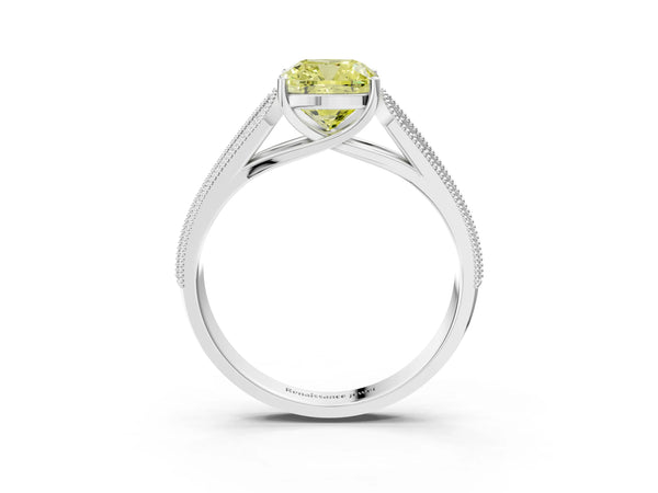Platinum Fancy Yellow Cushion Cut Cut Pave Split Shank Engagement Ring with Four-Prong Setting