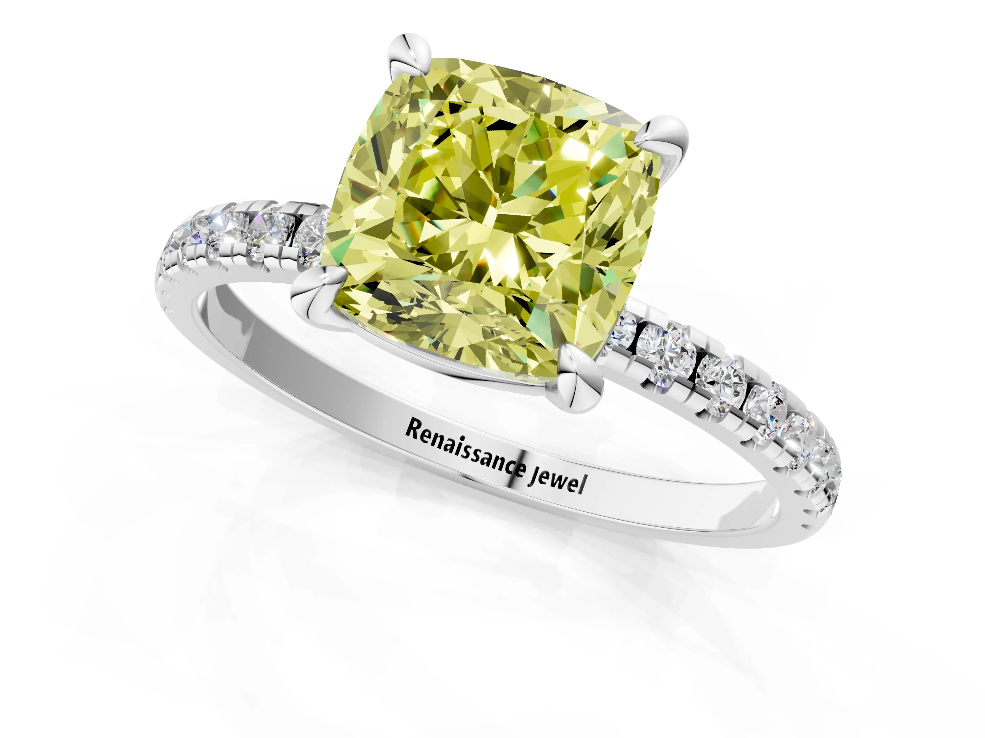 White gold Fancy Yellow Cushion Cut Diamond Brilliant Solitaire Ring with Pavé Band and Four-Prong Setting_1