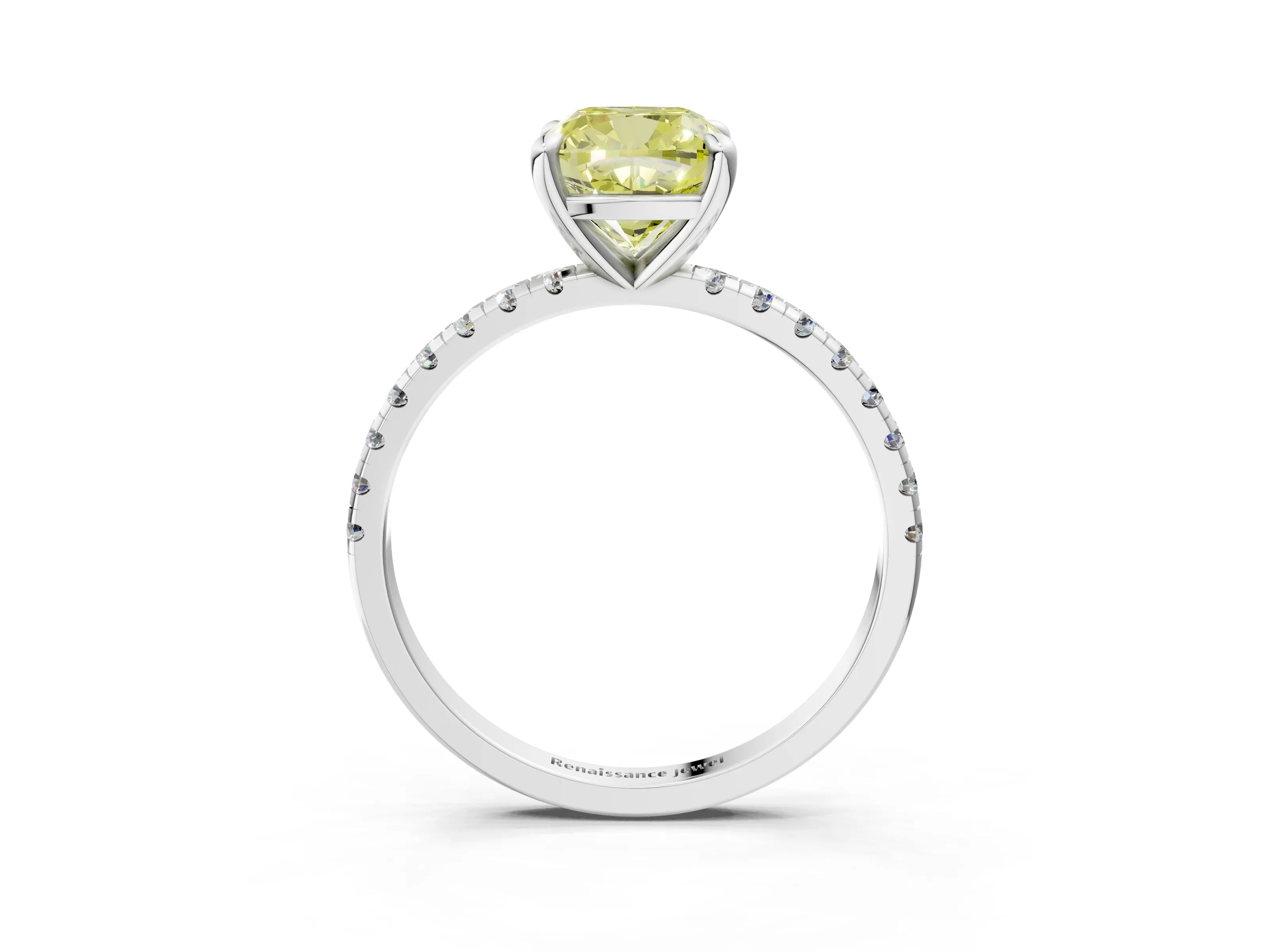 White gold Fancy Yellow Cushion Cut Diamond Brilliant Solitaire Ring with Pavé Band and Four-Prong Setting_3