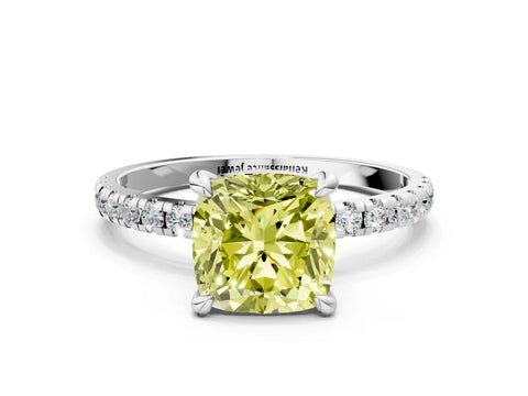 White gold Fancy Yellow Cushion Cut Diamond Brilliant Solitaire Ring with Pavé Band and Four-Prong Setting