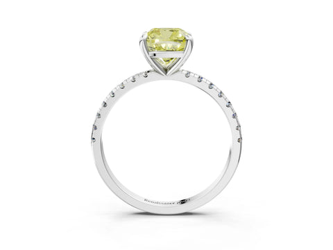 White gold Fancy Yellow Cushion Cut Diamond Brilliant Solitaire Ring with Pavé Band and Four-Prong Setting_3