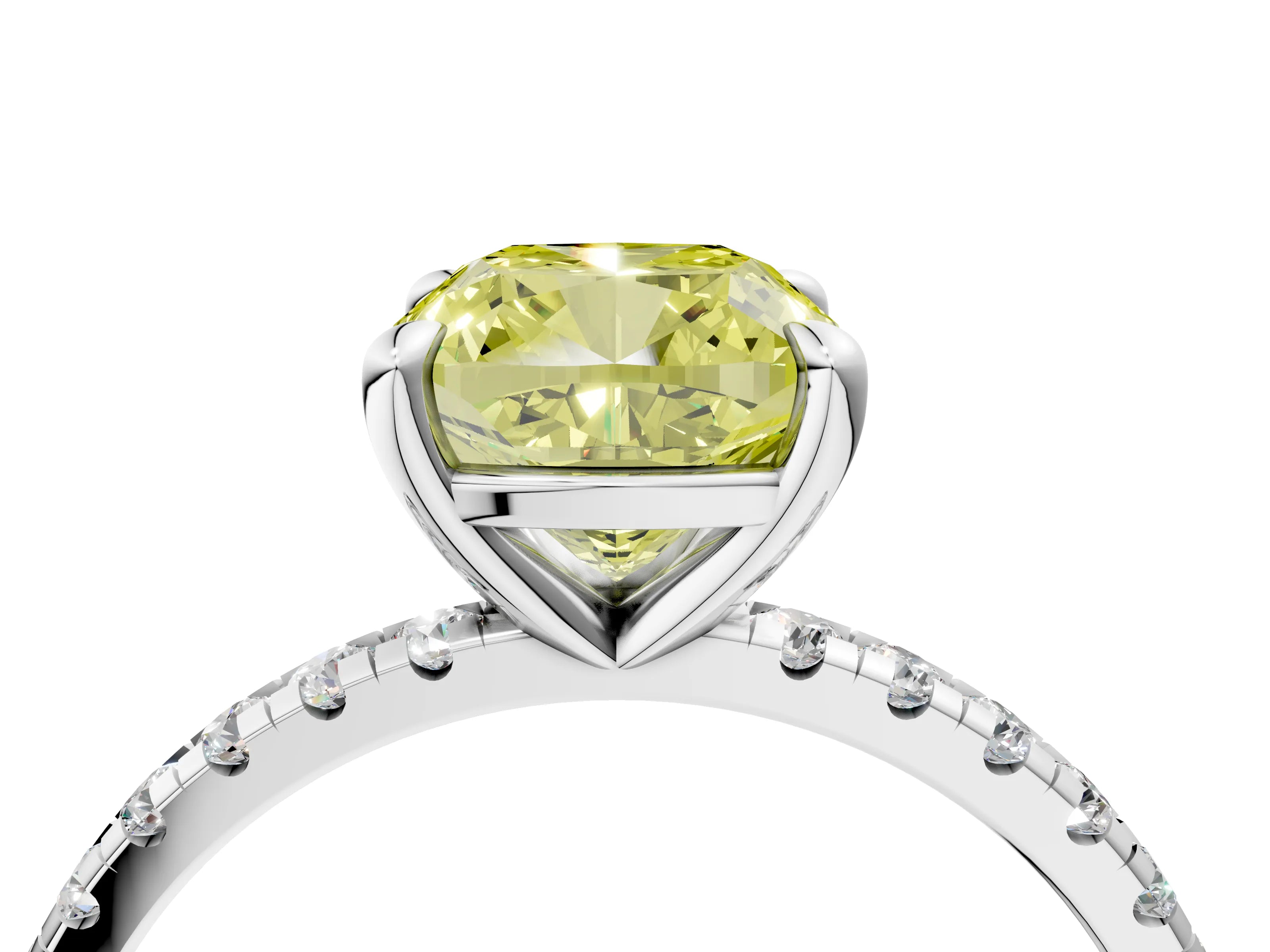 White gold Fancy Yellow Cushion Cut Diamond Brilliant Solitaire Ring with Pavé Band and Four-Prong Setting_4