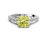 White gold Fancy Yellow Cushion Cut Diamond Cathedral Solitaire Ring with Round  Pavé Band_282