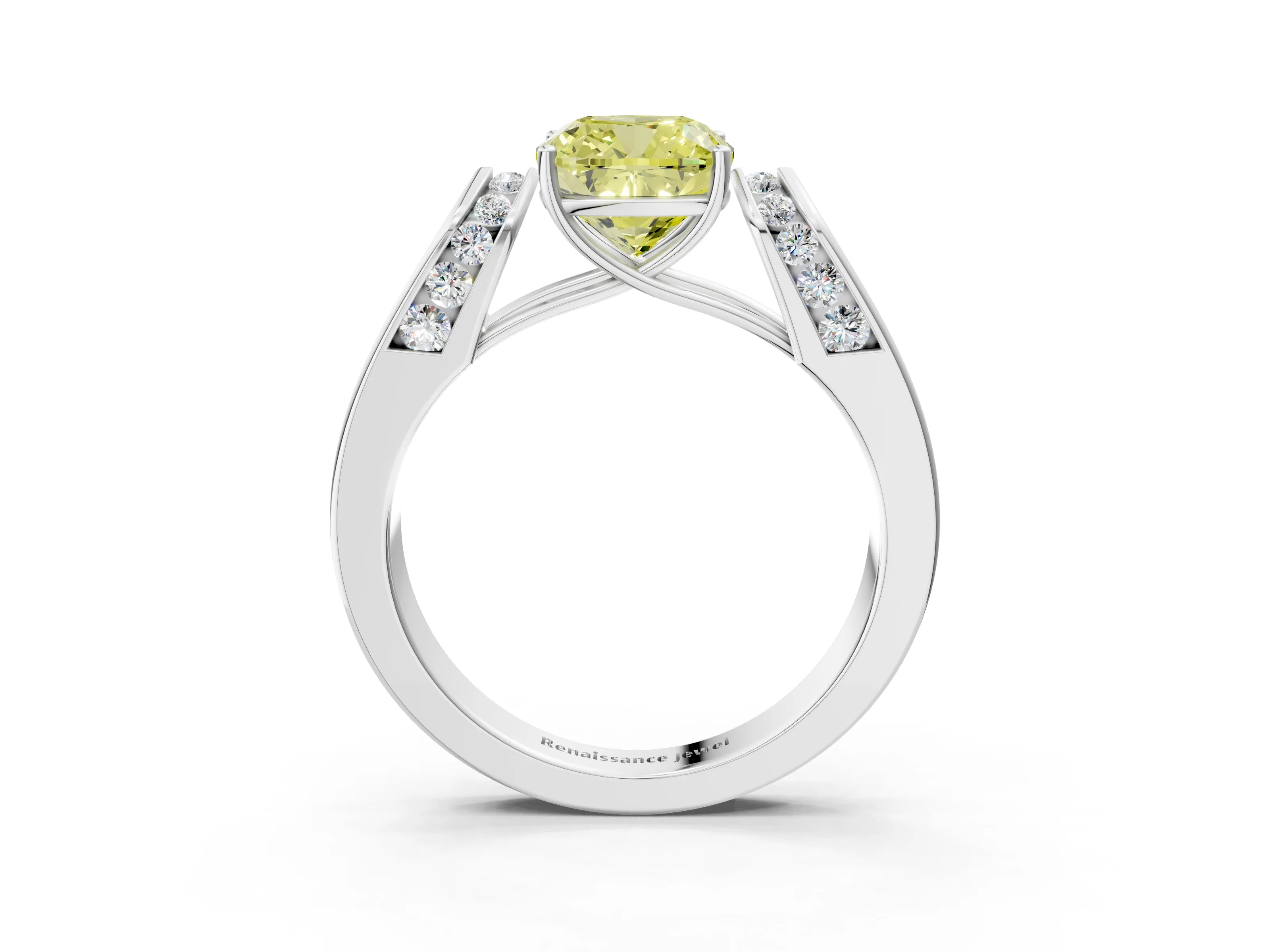 White gold Fancy Yellow Cushion Cut Diamond Channel Set Solitaire Ring with Four-Prong Setting_36