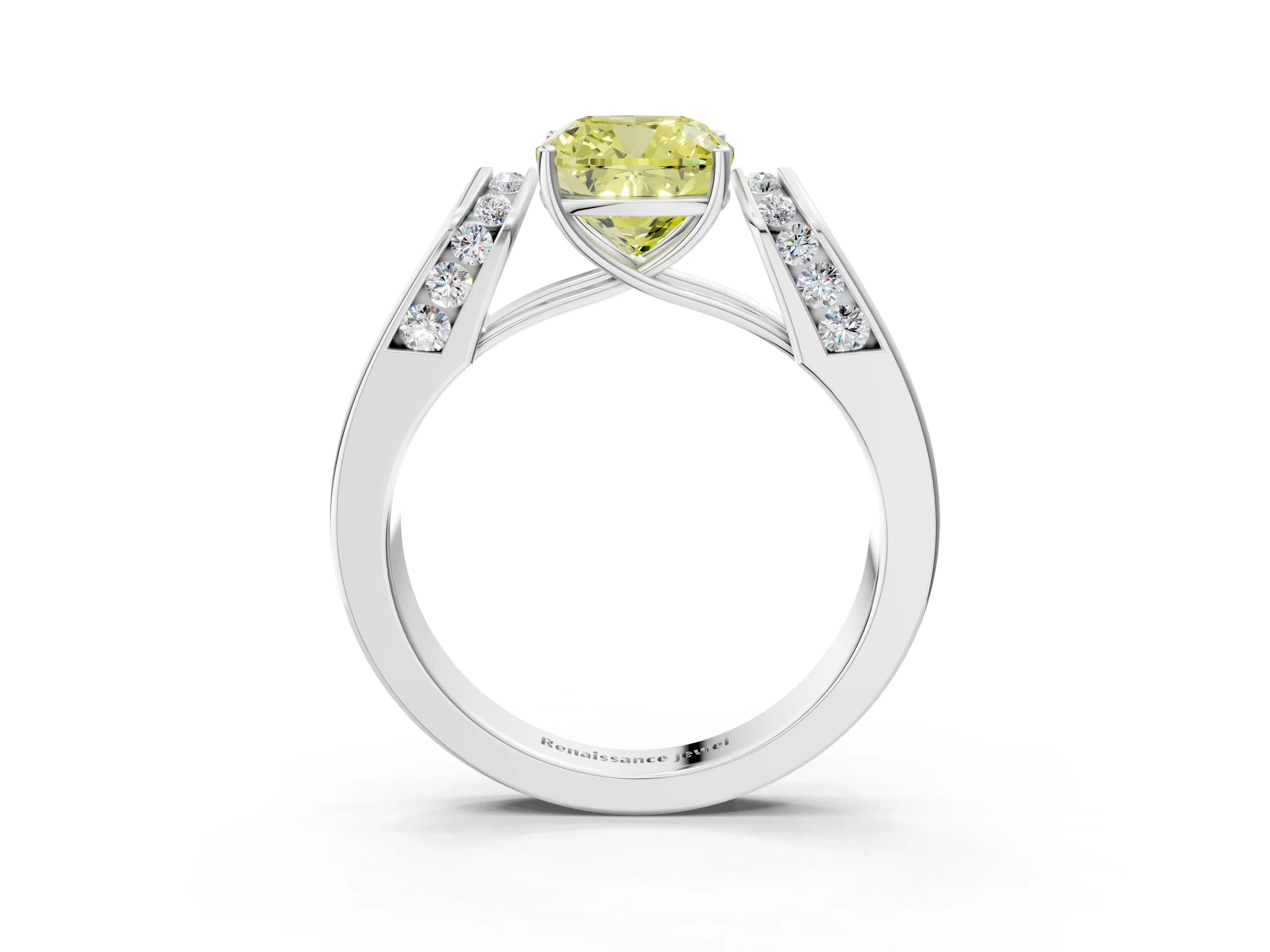 White gold Fancy Yellow Cushion Cut Diamond Channel Set Solitaire Ring with Four-Prong Setting_46