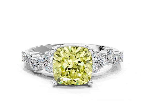 Platinum Fancy Yellow Cushion Cut Diamond Cluster Pavé Band with Four-Prong Setting