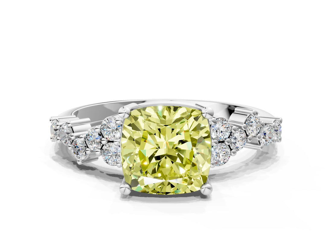 White gold Fancy Yellow Cushion Cut Diamond Cluster Pavé Band with Four-Prong Setting_3