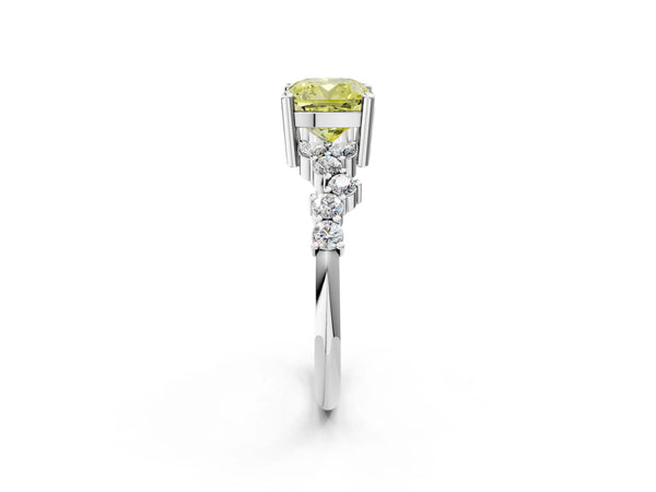Platinum Fancy Yellow Cushion Cut Diamond Cluster Pavé Band with Four-Prong Setting