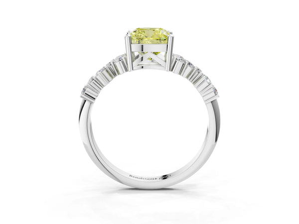 Platinum Fancy Yellow Cushion Cut Diamond Cluster Pavé Band with Four-Prong Setting