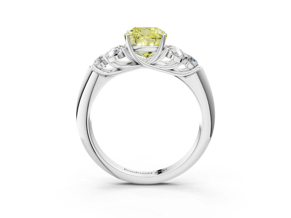White gold Fancy Yellow Cushion  Cut Diamond Cluster Ring with Round Accent Stones and Prong Setting on a Classic Band