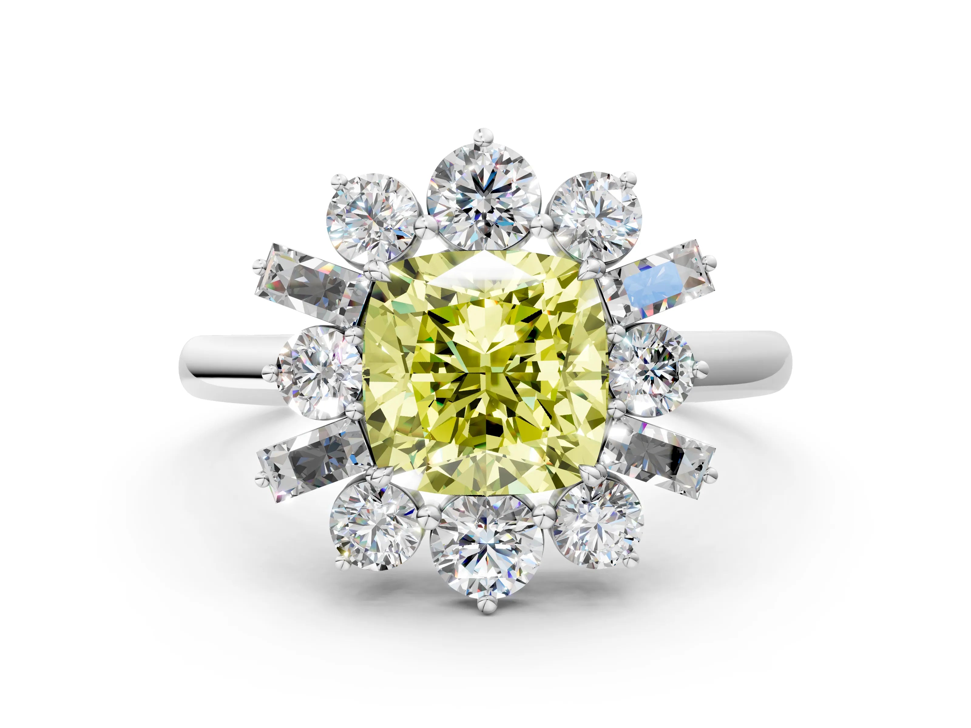 White gold Fancy Yellow Cushion Cut Diamond Cluster Ring with Round and Baguette Stones, Split Shank Band, Prong Setting