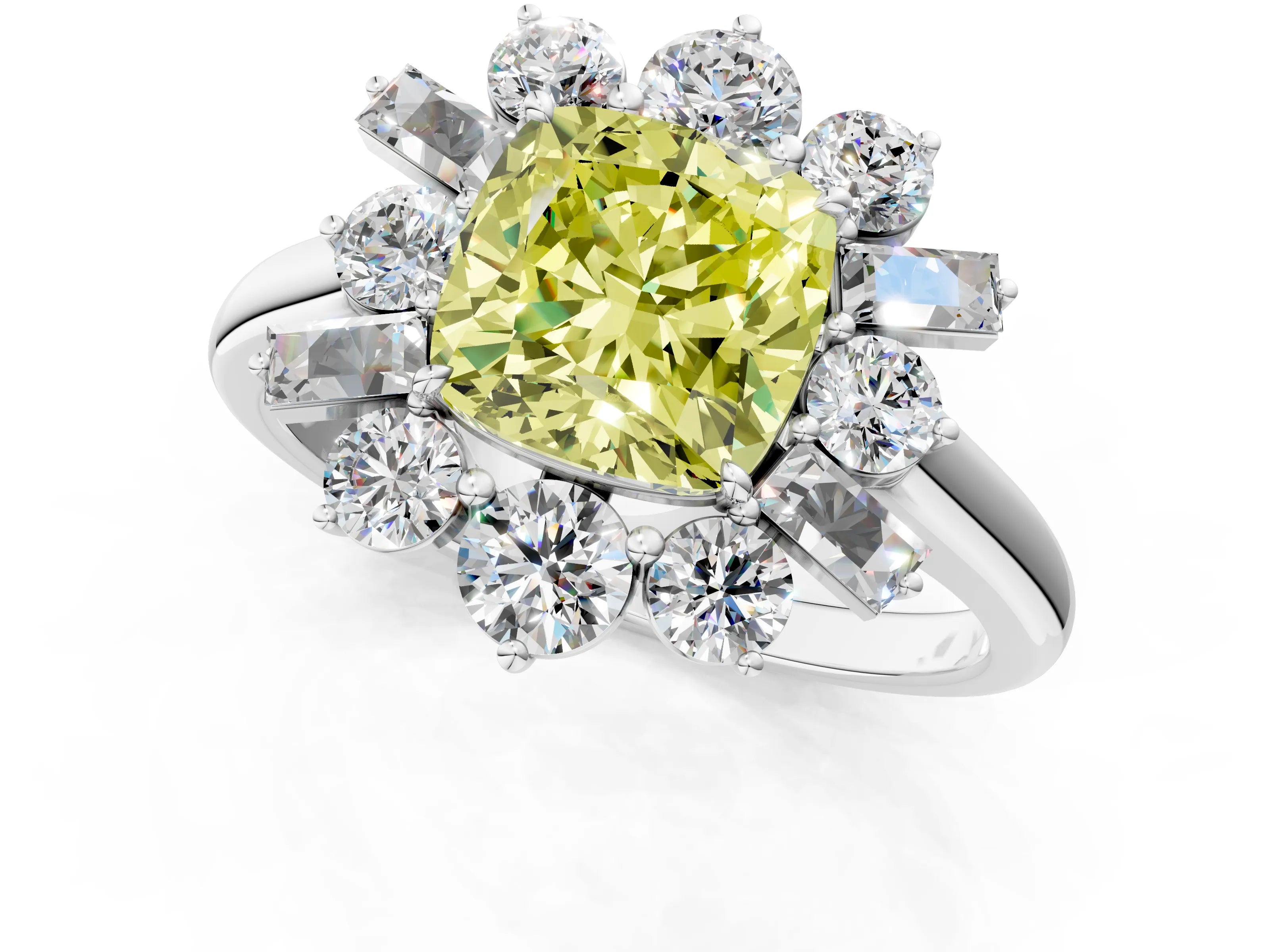 White gold Fancy Yellow Cushion Cut Diamond Cluster Ring with Round and Baguette Stones, Split Shank Band, Prong Setting_1