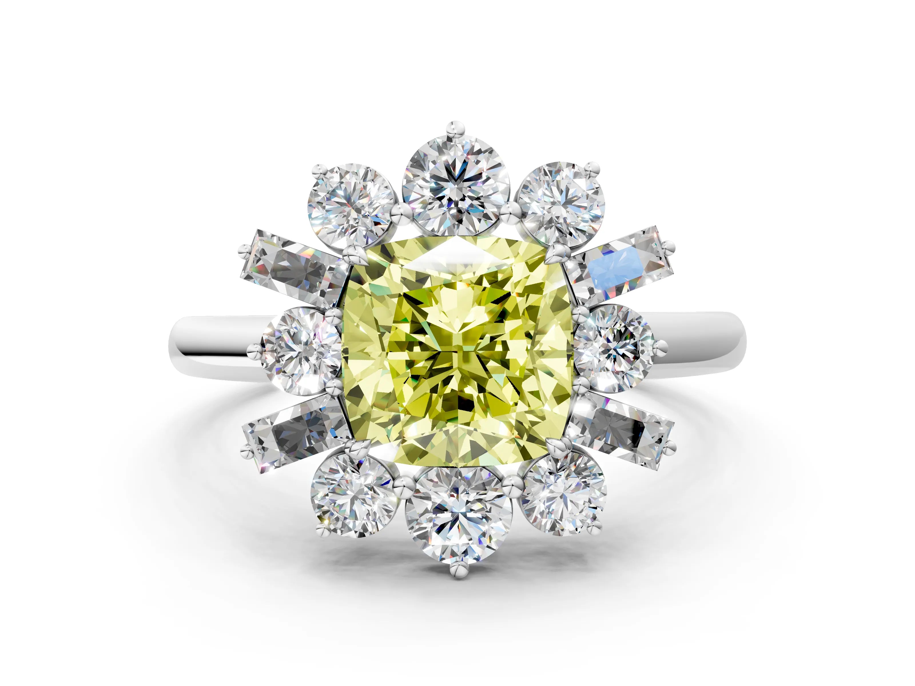 White gold Fancy Yellow Cushion Cut Diamond Cluster Ring with Round and Baguette Stones, Split Shank Band, Prong Setting_12
