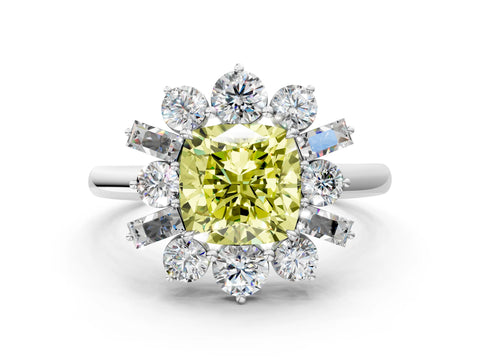 White gold Fancy Yellow Cushion Cut Diamond Cluster Ring with Round and Baguette Stones, Split Shank Band, Prong Setting_12