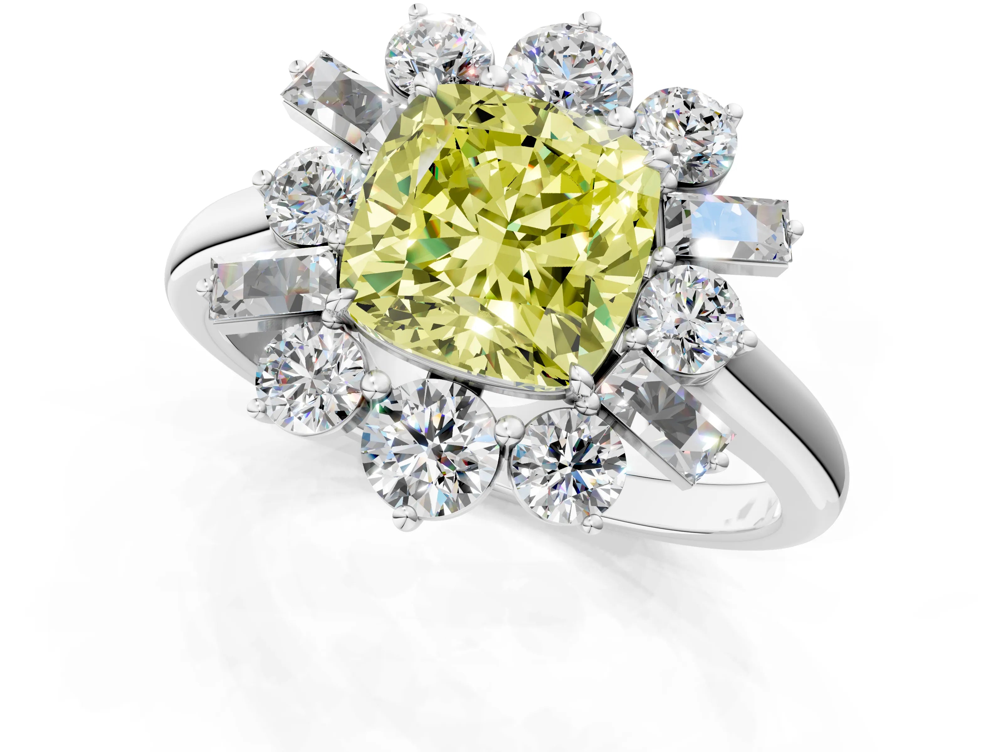 White gold Fancy Yellow Cushion Cut Diamond Cluster Ring with Round and Baguette Stones, Split Shank Band, Prong Setting_13