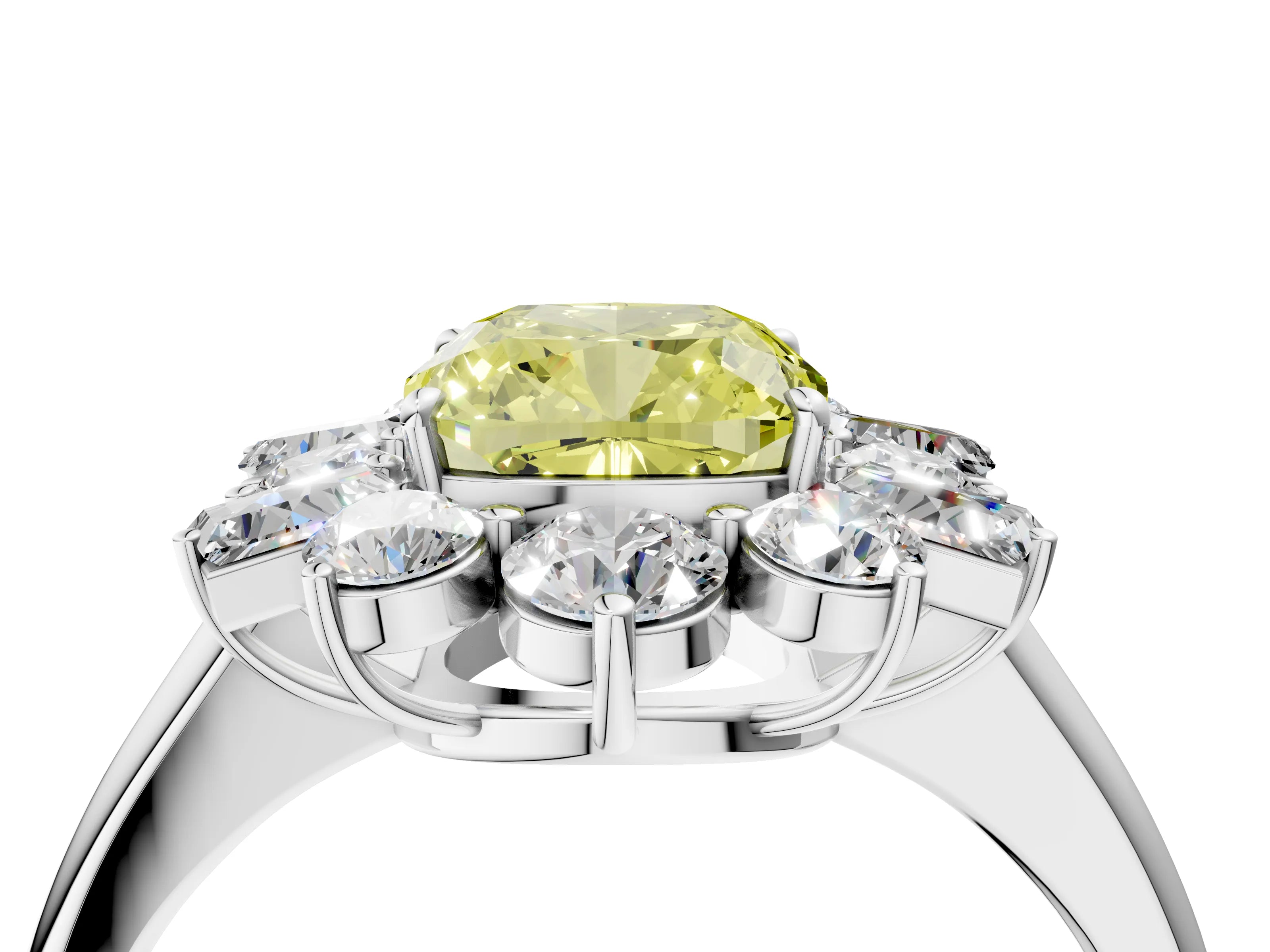 White gold Fancy Yellow Cushion Cut Diamond Cluster Ring with Round and Baguette Stones, Split Shank Band, Prong Setting_16