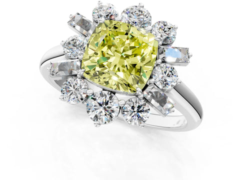 White gold Fancy Yellow Cushion Cut Diamond Cluster Ring with Round and Baguette Stones, Split Shank Band, Prong Setting_1