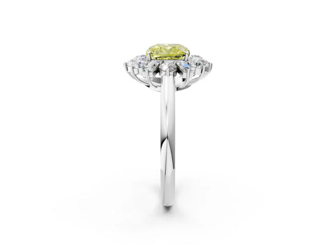 White gold Fancy Yellow Cushion Cut Diamond Cluster Ring with Round and Baguette Stones, Split Shank Band, Prong Setting_2