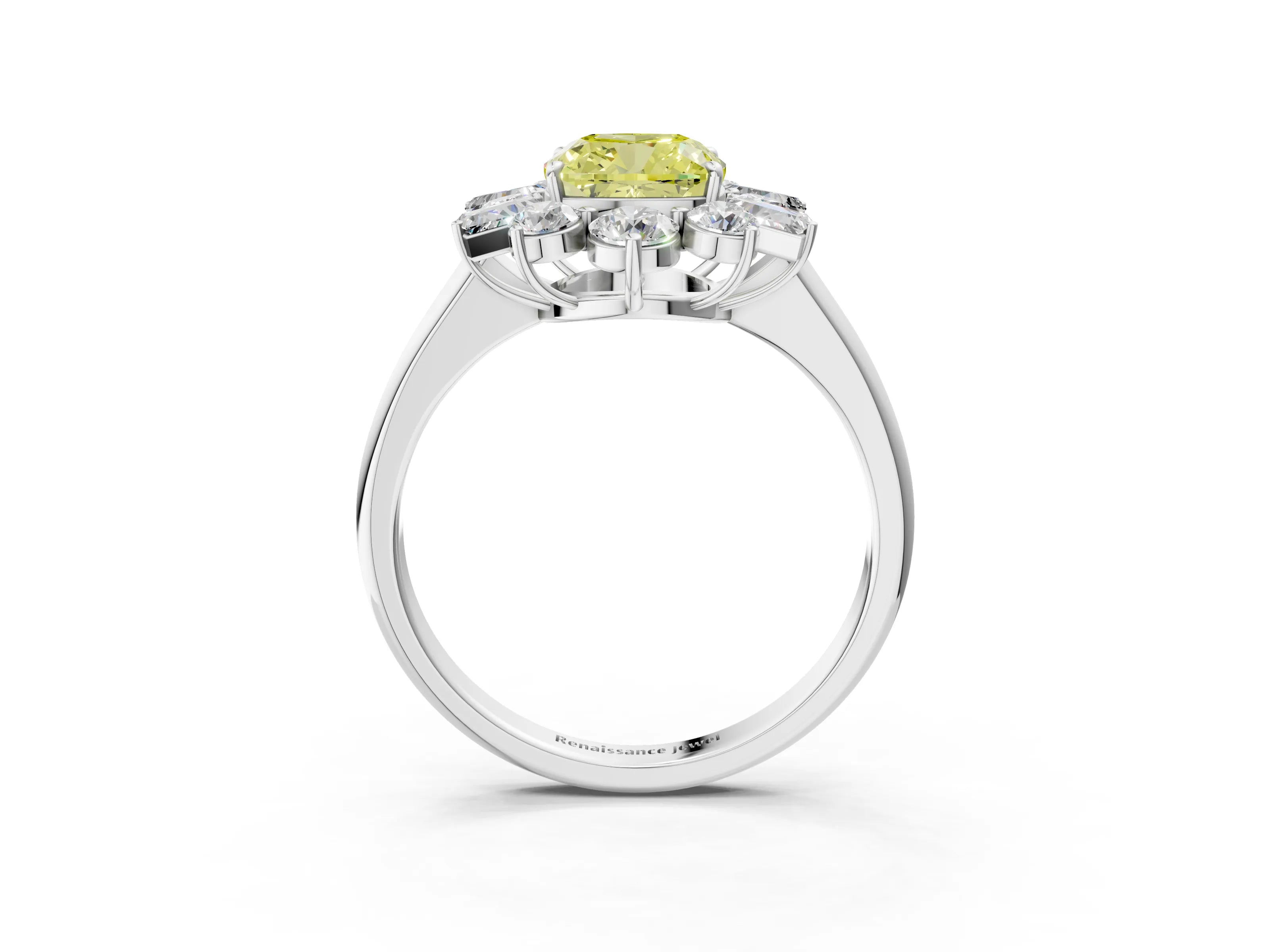 White gold Fancy Yellow Cushion Cut Diamond Cluster Ring with Round and Baguette Stones, Split Shank Band, Prong Setting_3