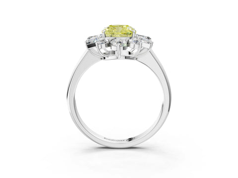 White gold Fancy Yellow Cushion Cut Diamond Cluster Ring with Round and Baguette Stones, Split Shank Band, Prong Setting_3