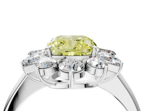White gold Fancy Yellow Cushion Cut Diamond Cluster Ring with Round and Baguette Stones, Split Shank Band, Prong Setting_4