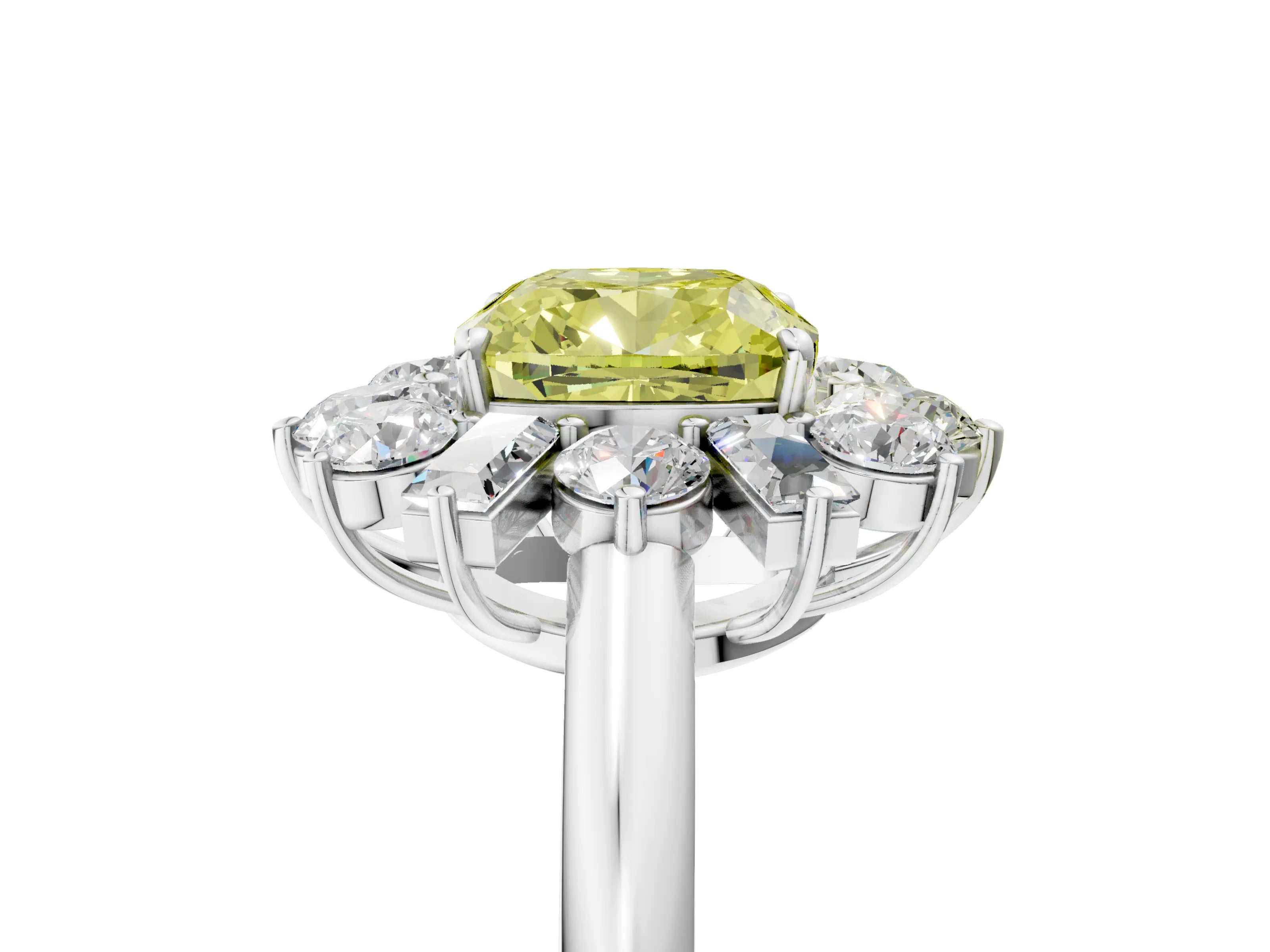 White gold Fancy Yellow Cushion Cut Diamond Cluster Ring with Round and Baguette Stones, Split Shank Band, Prong Setting_5
