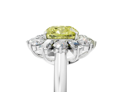 White gold Fancy Yellow Cushion Cut Diamond Cluster Ring with Round and Baguette Stones, Split Shank Band, Prong Setting_5