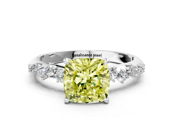 White gold Fancy Yellow Cushion Cut Diamond Cluster Side Stone Solitaire Ring with Prong Setting