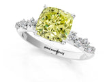 White gold Fancy Yellow Cushion Cut Diamond Cluster Side Stone Solitaire Ring with Prong Setting_95