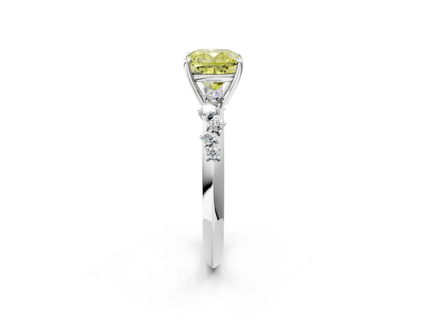 White gold Fancy Yellow Cushion Cut Diamond Cluster Side Stone Solitaire Ring with Prong Setting