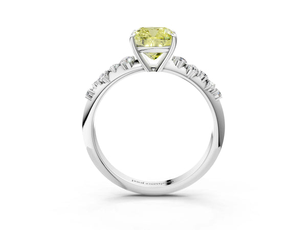 White gold Fancy Yellow Cushion Cut Diamond Cluster Side Stone Solitaire Ring with Prong Setting