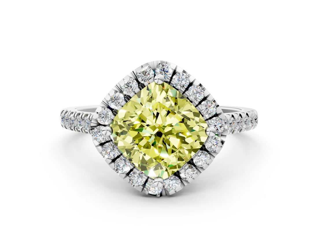 White gold Fancy Yellow Cushion Cut Diamond Cushion Halo Ring with Pavé Band_12