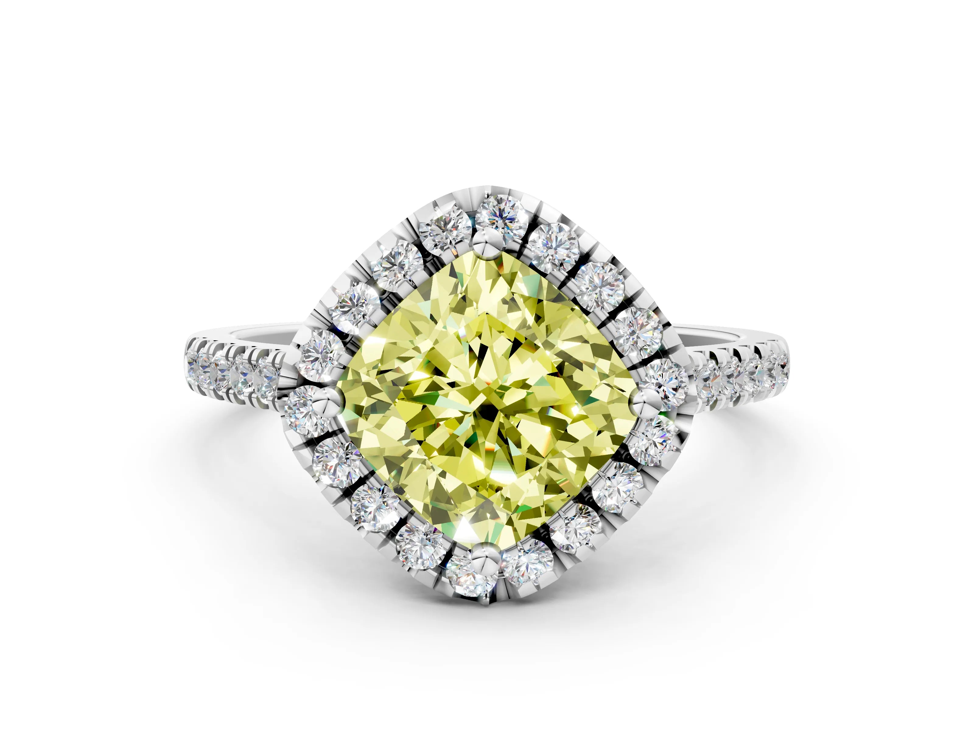 White gold Fancy Yellow Cushion Cut Diamond Cushion Halo Ring with Pavé Band_12