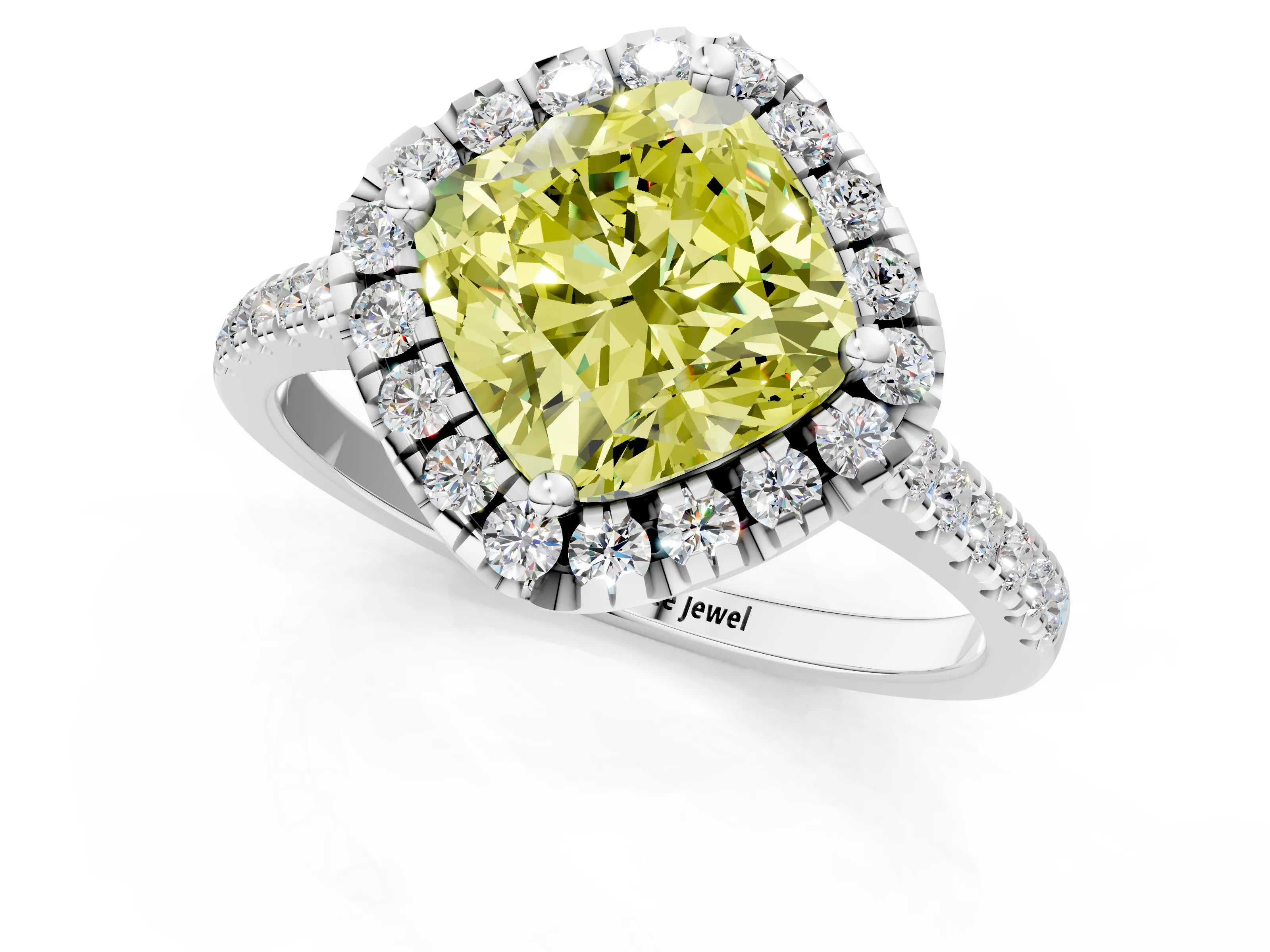White gold Fancy Yellow Cushion Cut Diamond Cushion Halo Ring with Pavé Band_13