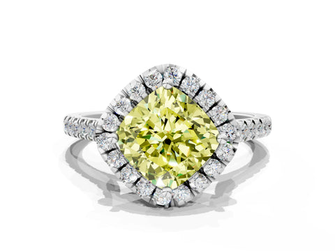 White gold Fancy Yellow Cushion Cut Diamond Cushion Halo Ring with Pavé Band