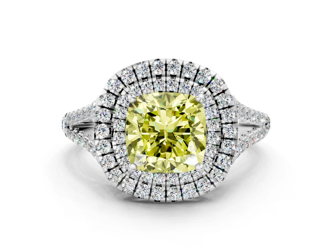 White gold Fancy Yellow Cushion Cut Diamond Double Halo Ring with Pavé Band and Prong Setting_130