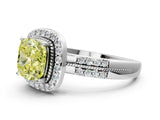 White gold Fancy Yellow Cushion Cut Diamond Double Halo Ring with Split Shank and Four-Prong Setting