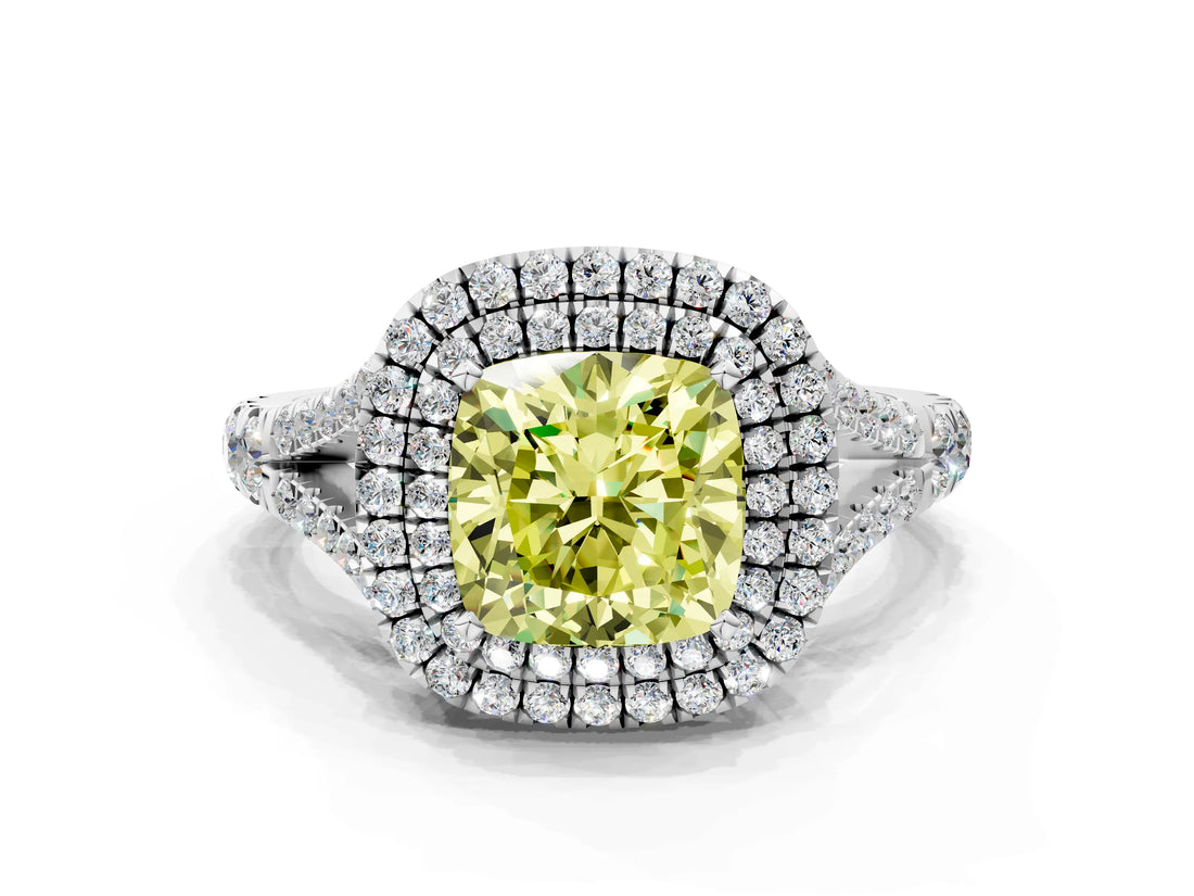 White gold Fancy Yellow Cushion Cut Diamond Double Halo Ring with Split Shank and Prong Setting_27