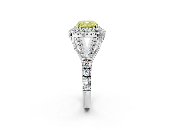 Platinum Fancy Yellow Cushion Cut Diamond Double Halo Ring with Split Shank and Prong Setting